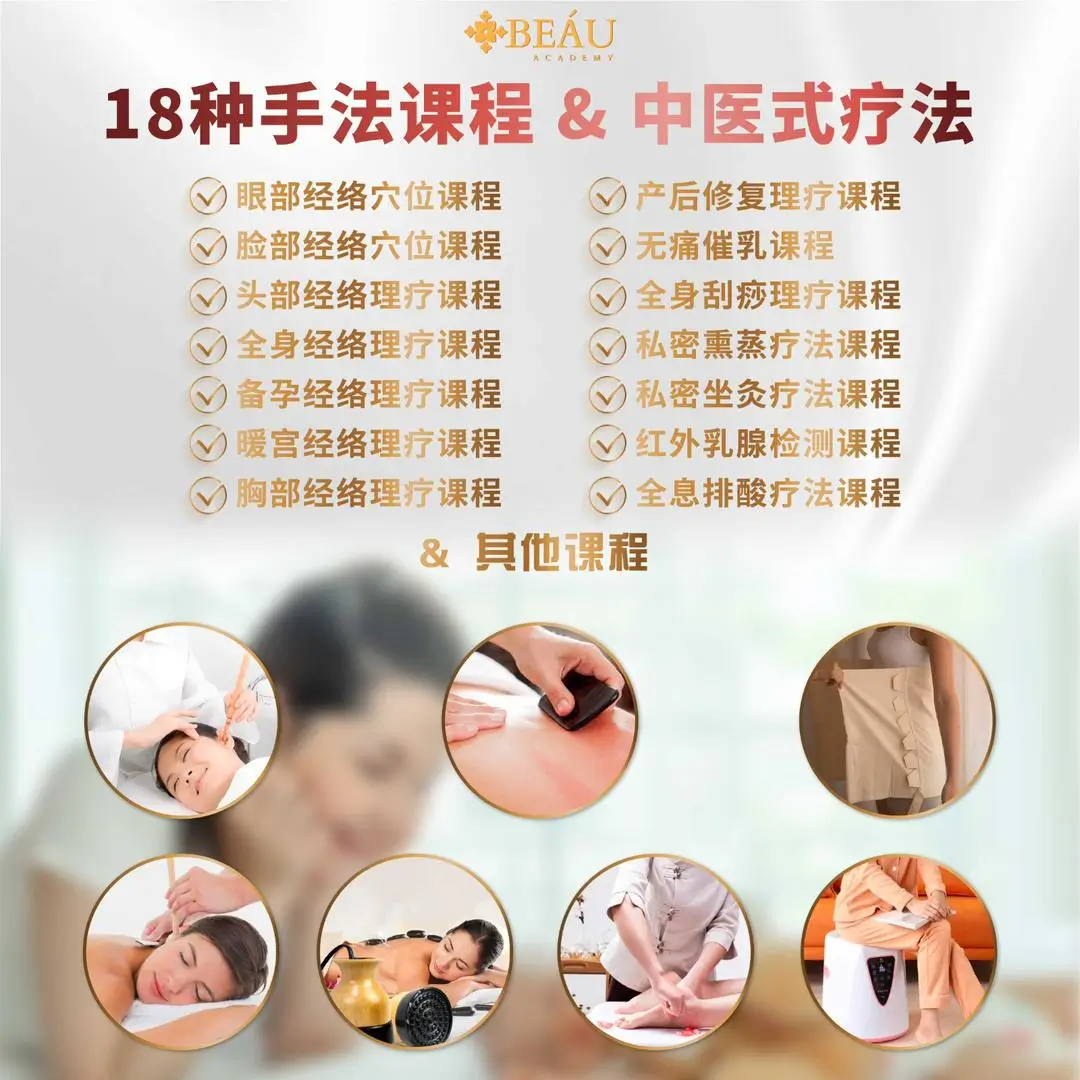 Beau Academy 中医经络与产后修复理疗课程海报，列出包含眼部、全身、催乳等18种核心中医式疗法与手法。