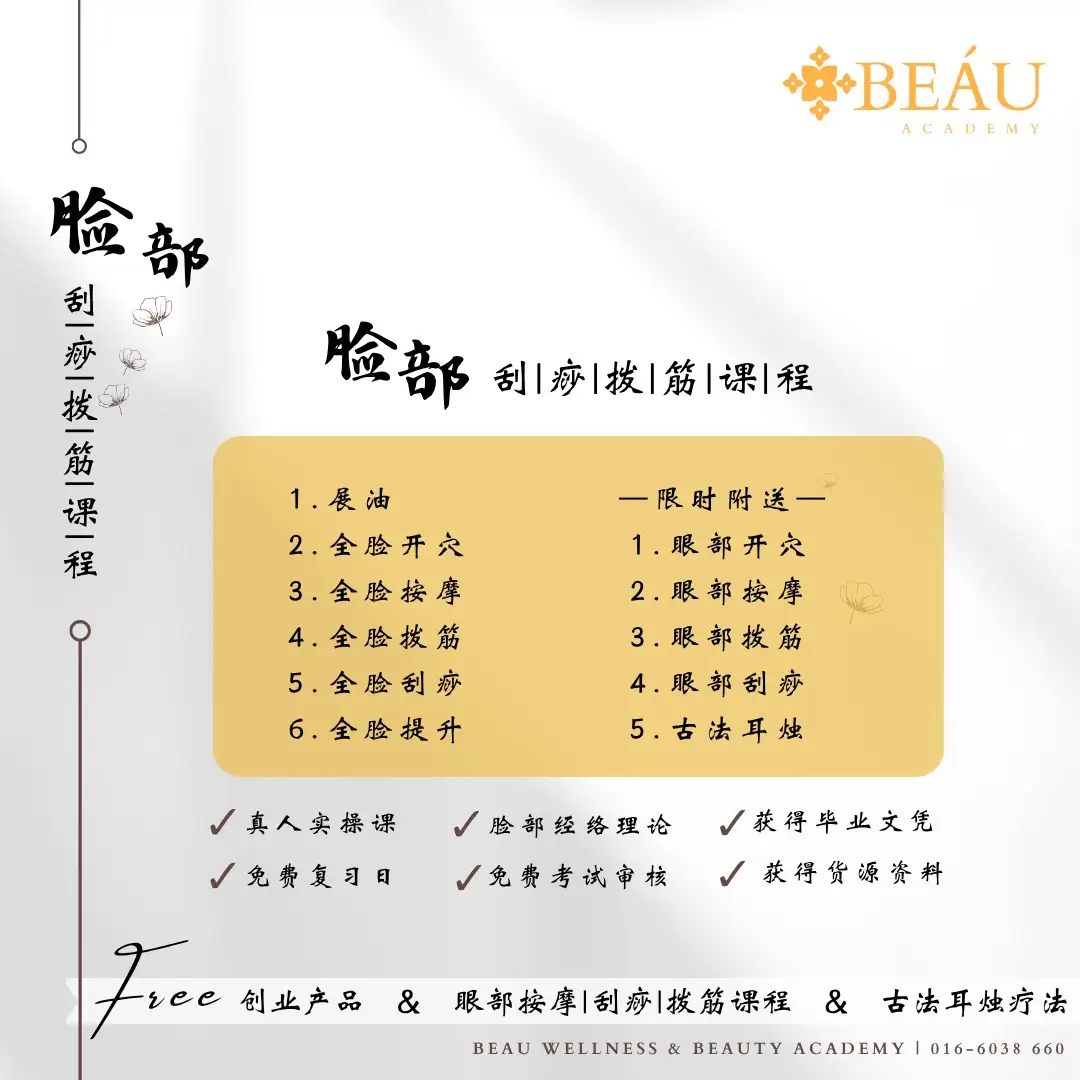 脸部刮痧拔筋课程完整教学大纲。涵盖全脸开穴、拨筋提拉与经络刮痧。限时报名即免费赠送眼部护理课程、古法耳烛疗法及全套创业产品，超高价值 Offer 助学员低成本开启高转化项目。