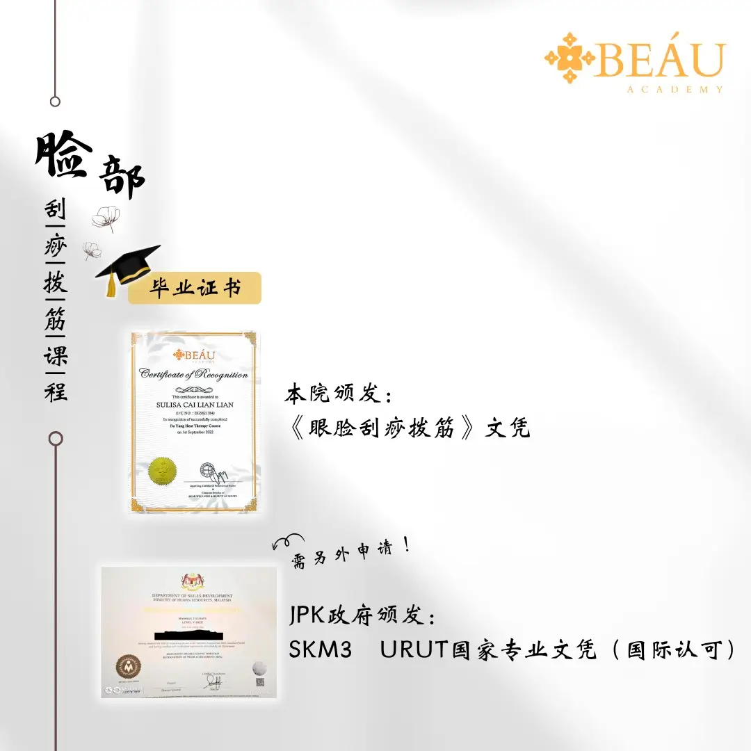 脸部刮痧拔筋课程双文凭认证展示。结业即可获得本院专业文凭，并可协助申请国际认可的马来西亚 JPK SKM3 URUT 国家级专业证书。用绝对的官方背书大幅提升您门店的专业度与顾客信任感。