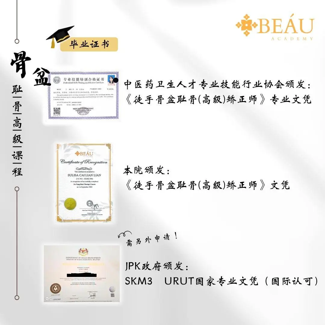 BEÁU Academy 毕业生可获三重权威认证：中医药协会《徒手骨盆耻骨高级矫正师》专业文凭、学院认证书，并可申请 JPK 颁发的 SKM3 URUT 马来西亚国家级专业文凭。